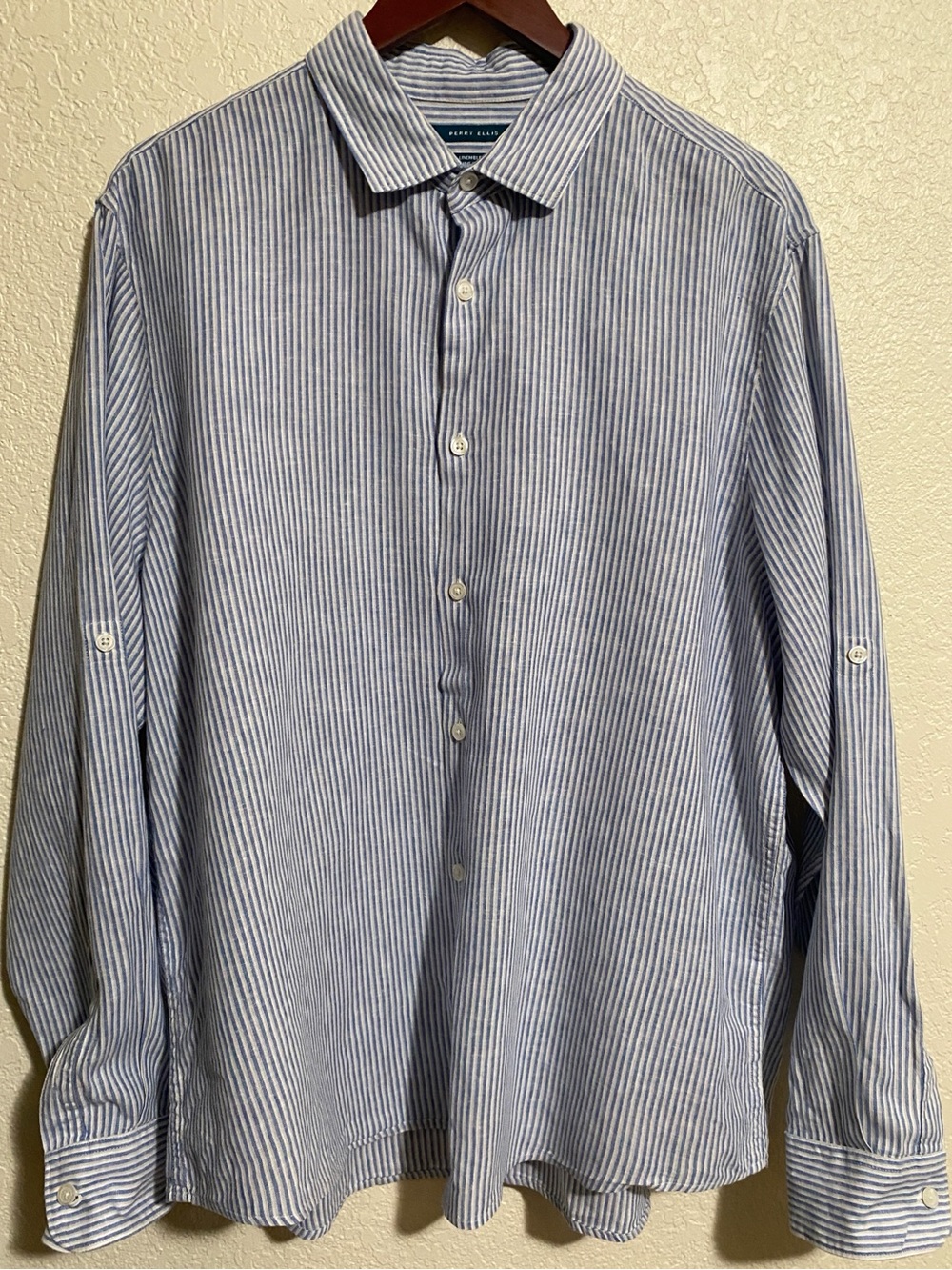 Perry Ellis Men's XL Shirt Blue White Striped Linen Blend Roll Tab Long Sleeve